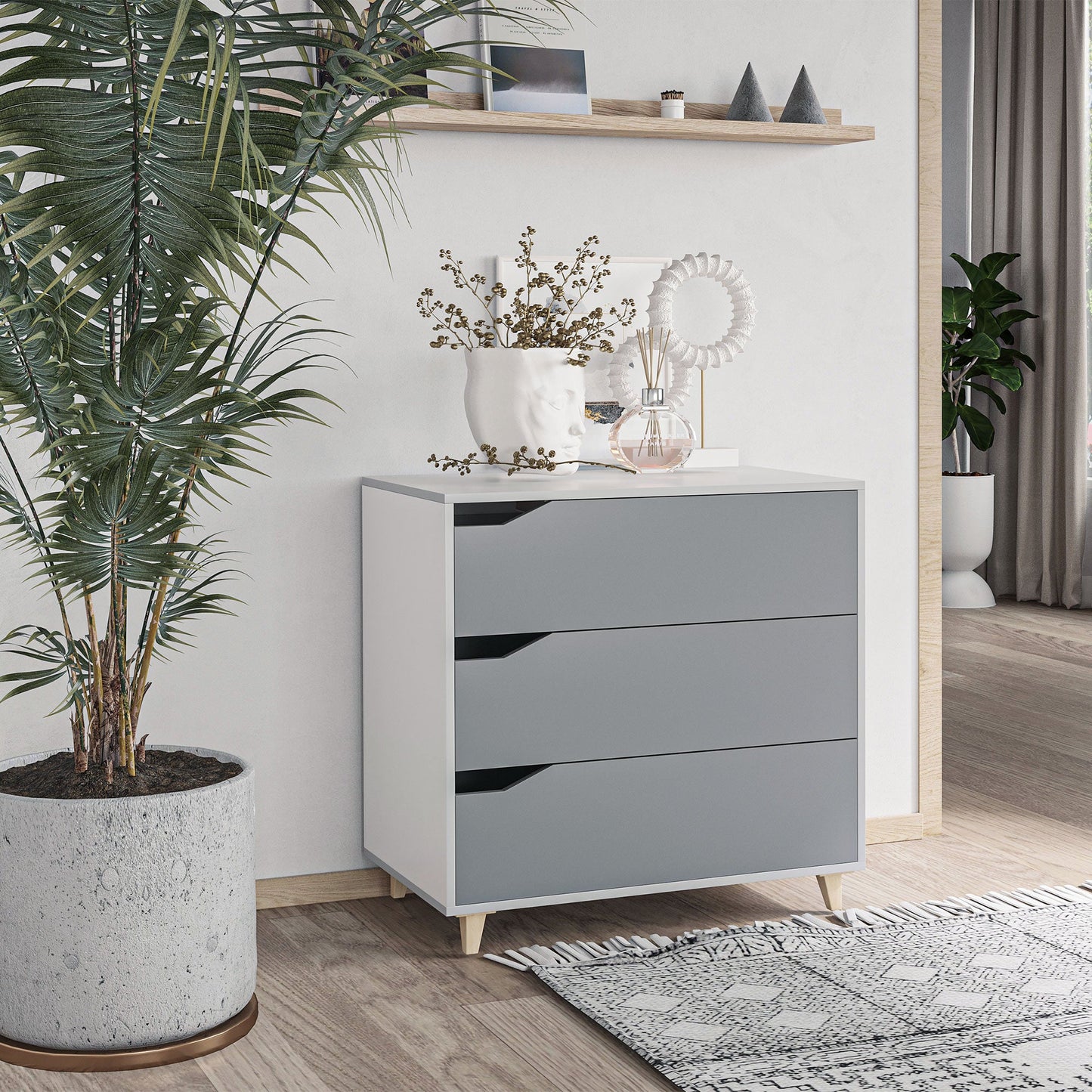 Drawer Chest, 3-Drawer Storage Cabinet Unit with Pine Wood Legs for Bedroom, Living Room, 75cmx42cmx75cm, Grey-1