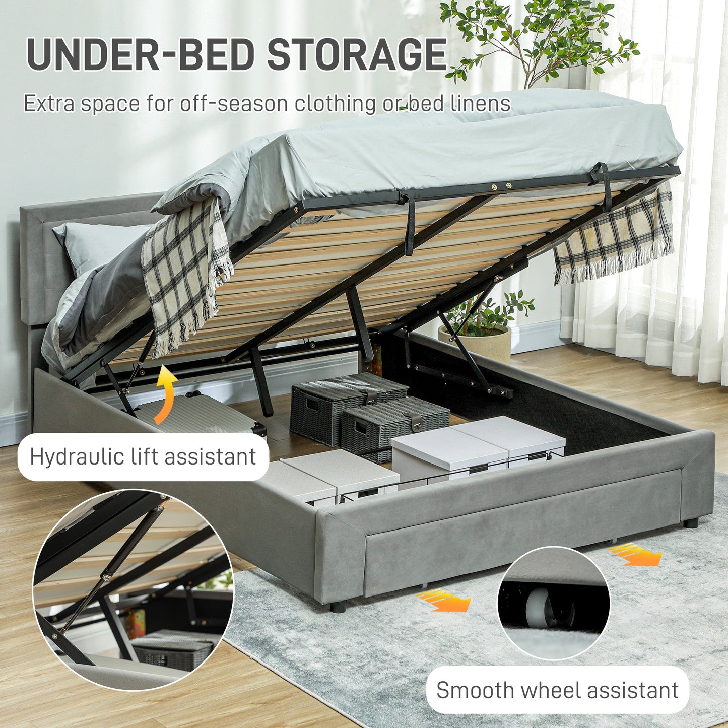 King Size Ottoman Bed Frame, with Front Drawer - Grey-3