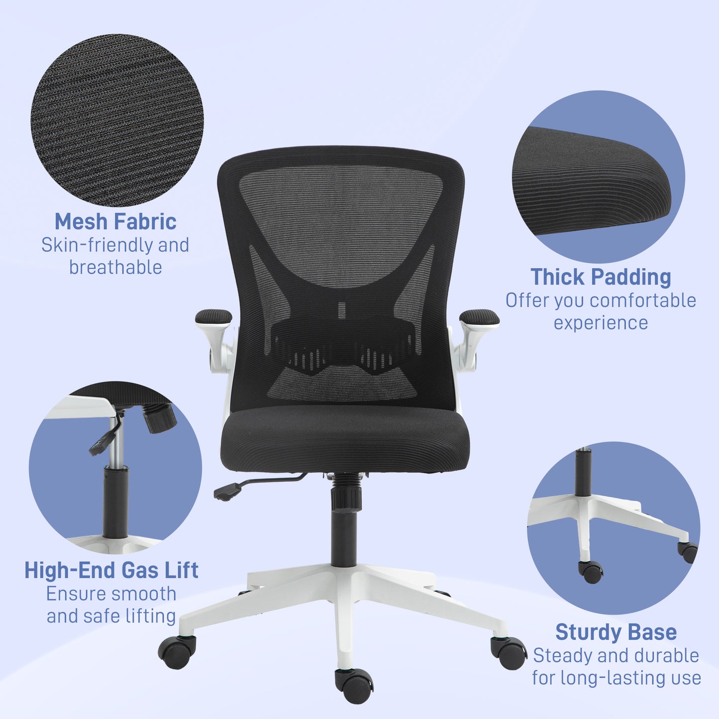 Mesh Office Chair with Flip-Up Armrests, Adjustable Height, Tilt, Ergonomic Desk Chair, Black & White | Vinsetto-7