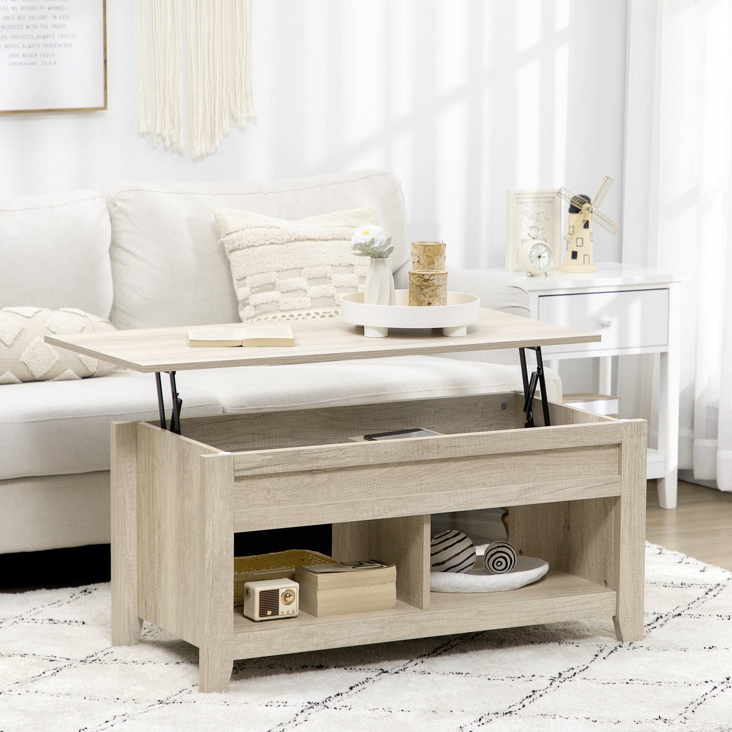 Lift Top Coffee Table w/ Hidden Storage Compartment Open Shelves Lift Tabletop Pop Up Centre Table for Living Room Oak Effect-1