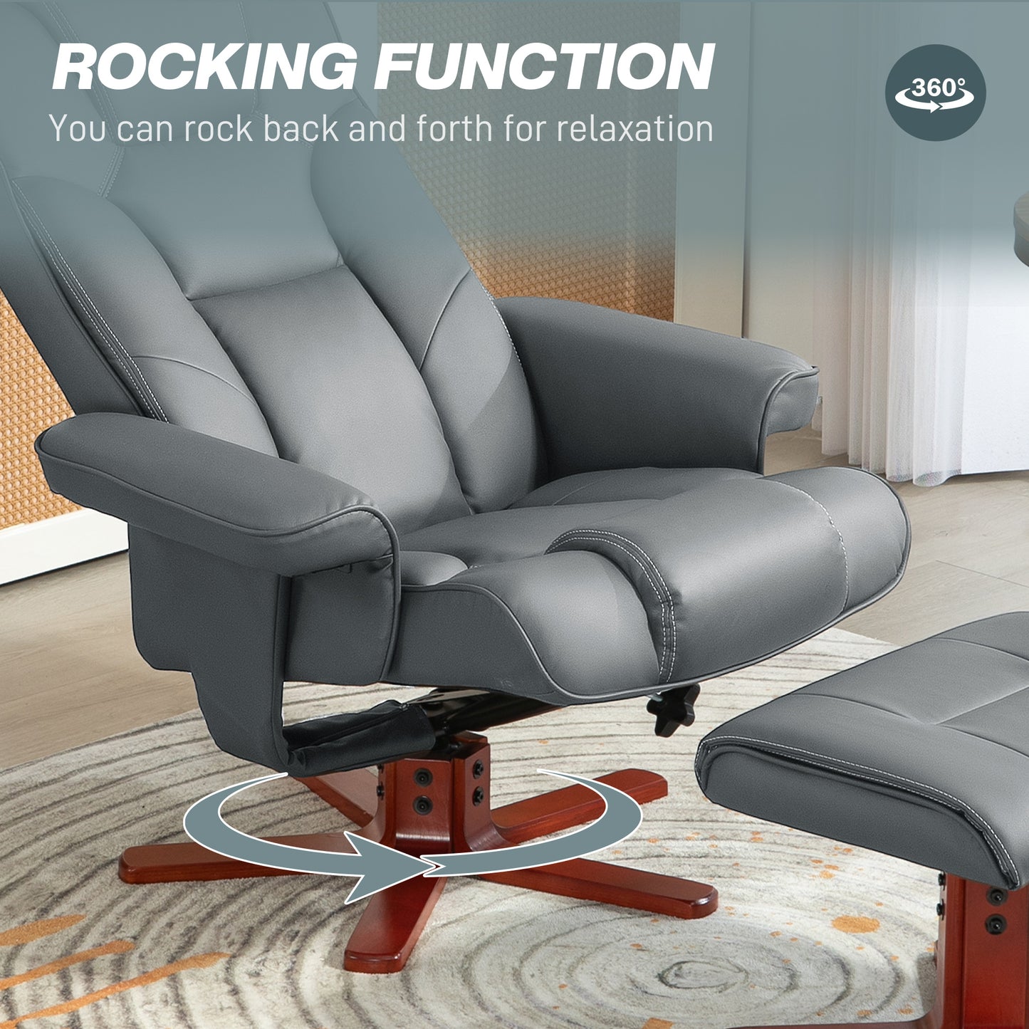 HOMCOM Faux Leather Manual Recliner and Footstool Set in Grey-3
