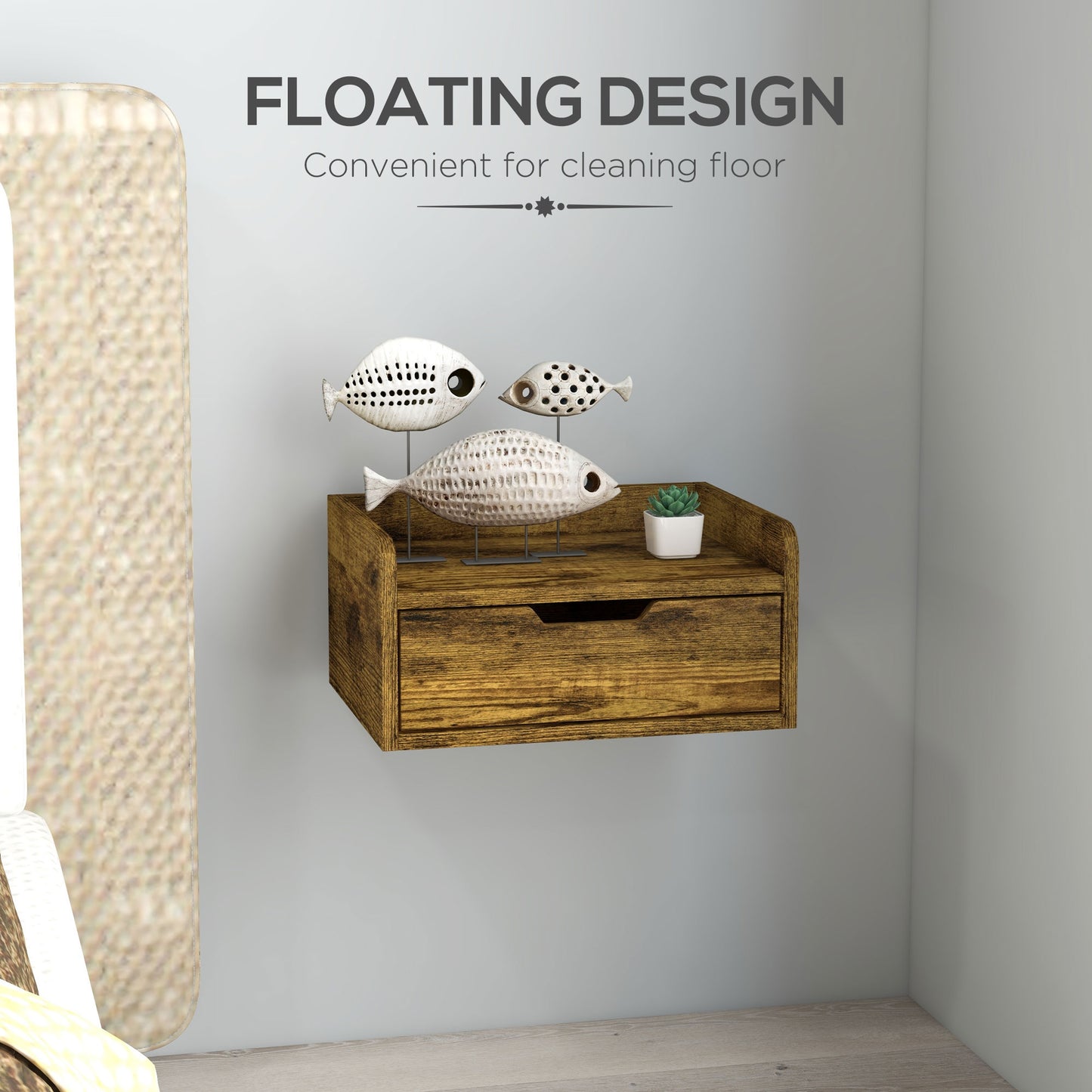HOMCOM Floating Nightstand Set of 2 Wall Mounted Bedside Table with Storage Drawer for Bedroom in Rustic Brown-3