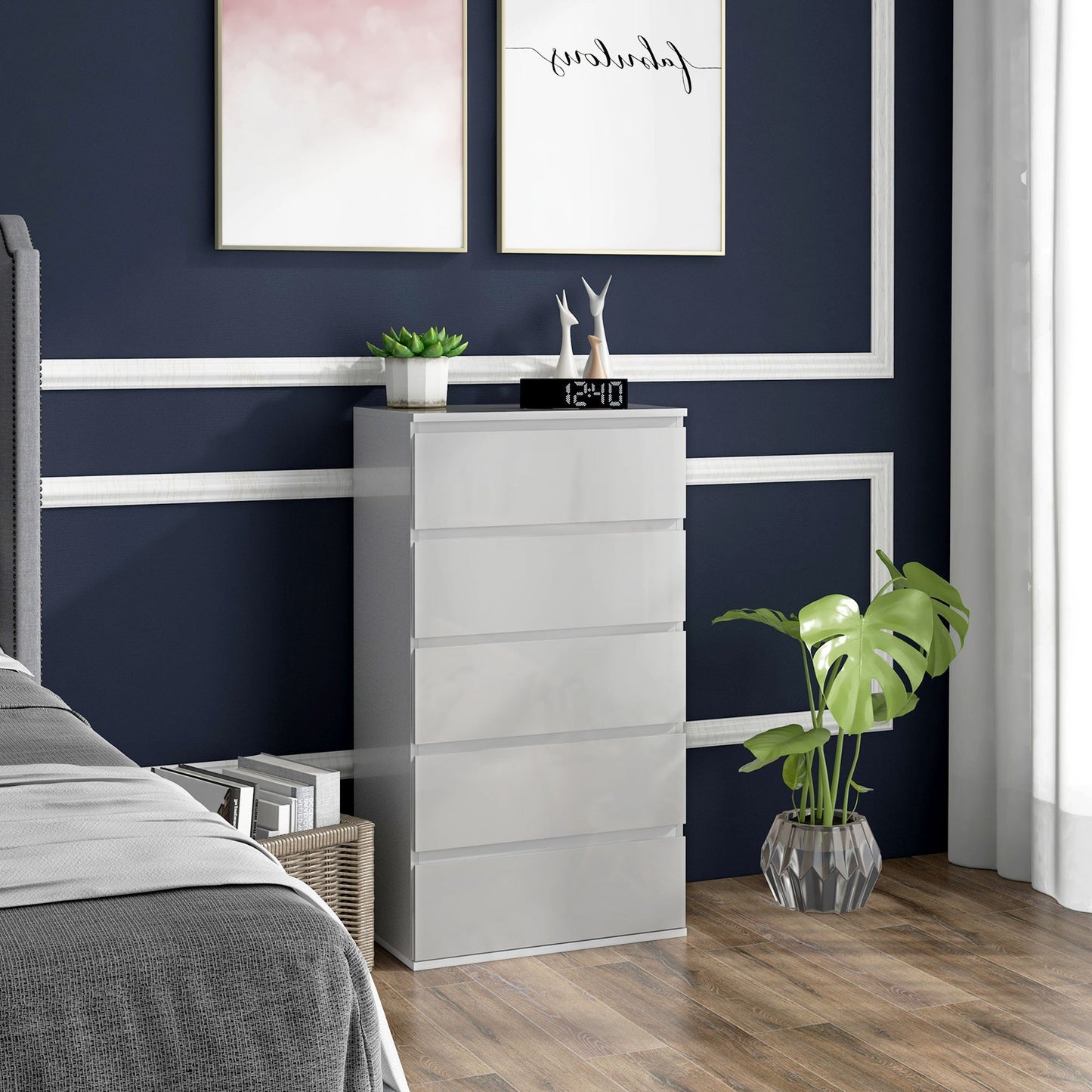 5-Drawer High Gloss Chest of Drawers, Storage Cabinets, Modern Dresser, Storage Drawer Unit for Bedroom, White-1