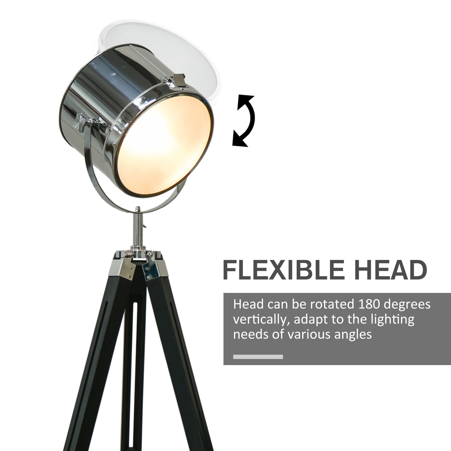 Industrial Style Adjustable Tripod Floor Lamp, Searchlight Lamp with Wooden Legs and Steel Lampshade, 110-155cm, Black-4