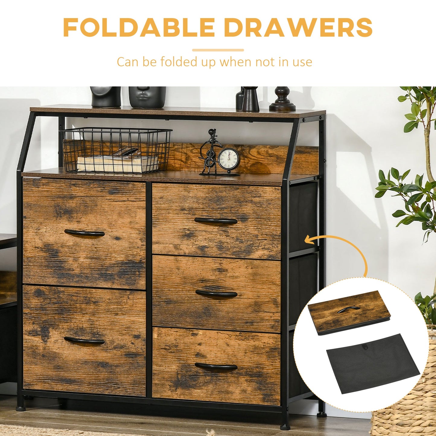 Bedroom Chest of Drawers, Industrial 5 Fabric Drawer Dresser with Open Shelf for Living Room, Rustic Brown-4
