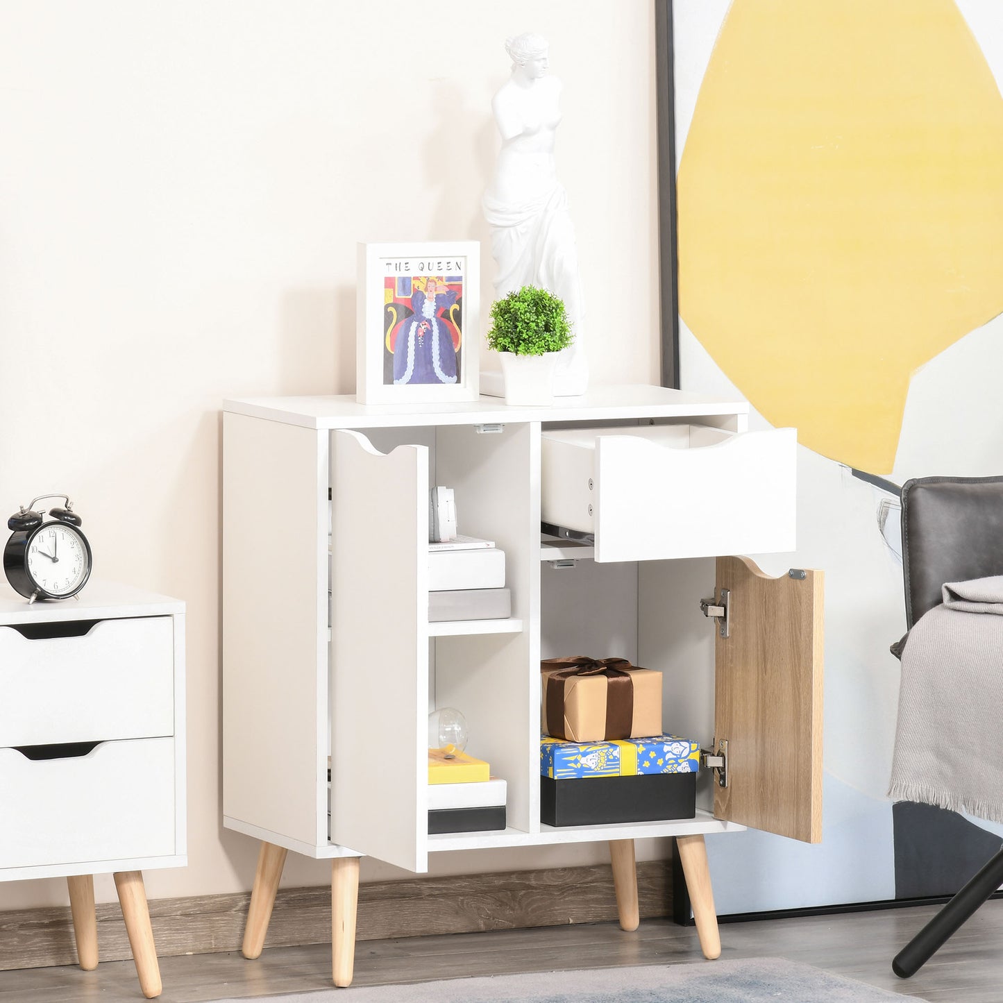 HOMCOM Bedroom Furniture Set, Wardrobe with Hanging Rail, Bedside Table, Floor Cabinet with Storage, Nature Wood Finish and White-7