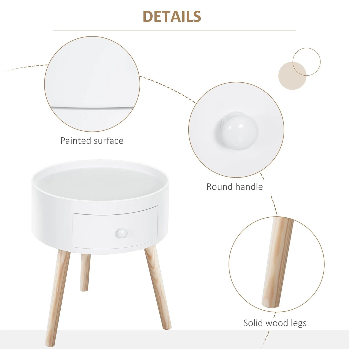 Modern Side Table, Small Coffee Table, Round Bedside Table with Drawer and Wood Legs for Living Room, Bedroom, Set of 2, White-3