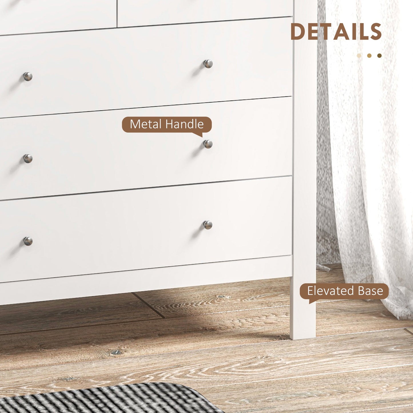 Modern Chest of Drawers, 5 Drawer Storage Cabinet with Metal Handles and Runners for Bedroom, White-4