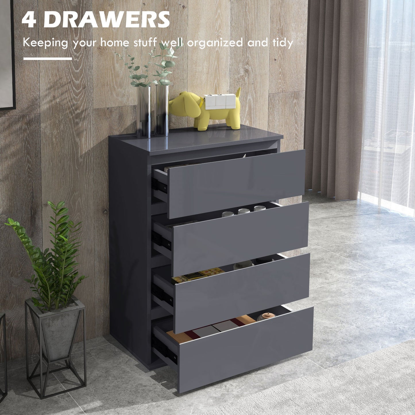 High Gloss Chest of Drawers, 4-Drawer Storage Cabinets, Modern Dresser, Storage Drawer Unit for Bedroom-3