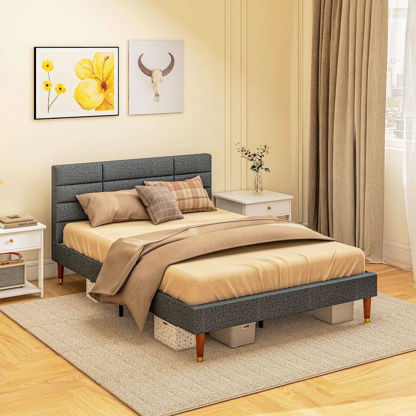 Upholstered Double Bed Frame, with Slats - Grey-1