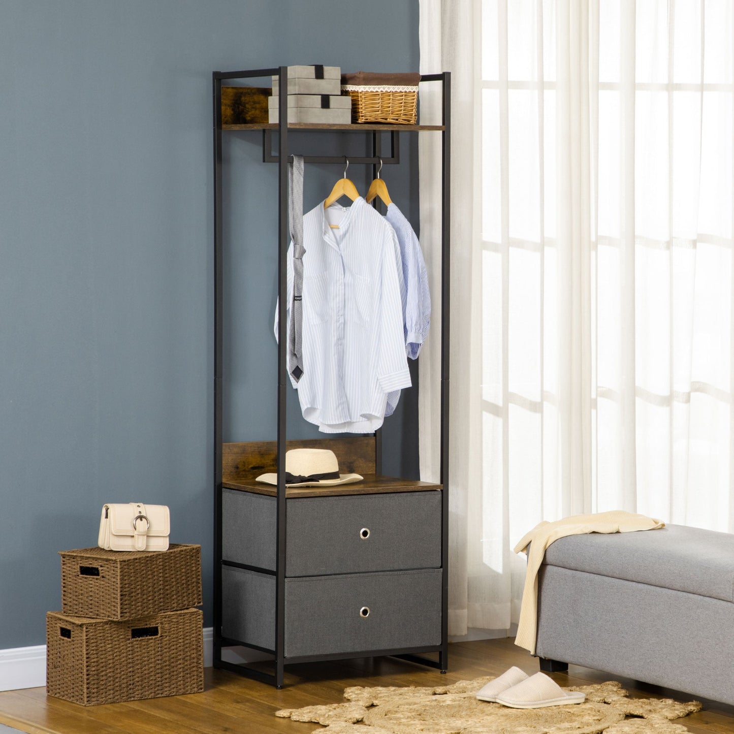 Clothes Rail, Metal Coat Stand, Garment Rack with 2 Fabric Storage Drawers, Single Wardrobe for Bedroom, Hallway, Rustic Brown and Grey-1