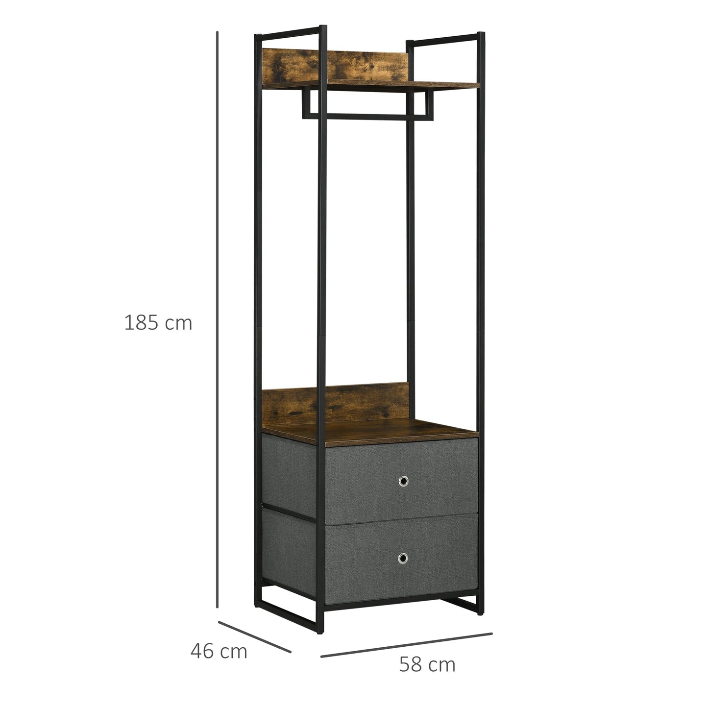 Clothes Rail, Metal Coat Stand, Garment Rack with 2 Fabric Storage Drawers, Single Wardrobe for Bedroom, Hallway, Rustic Brown and Grey-2