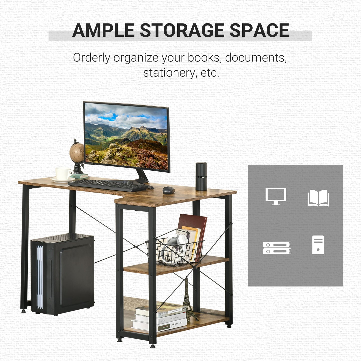 L-Shaped Computer Desk Home Office Corner Desk Study Workstation Table with 2 Shelves, Steel Frame, Rustic Brown-4