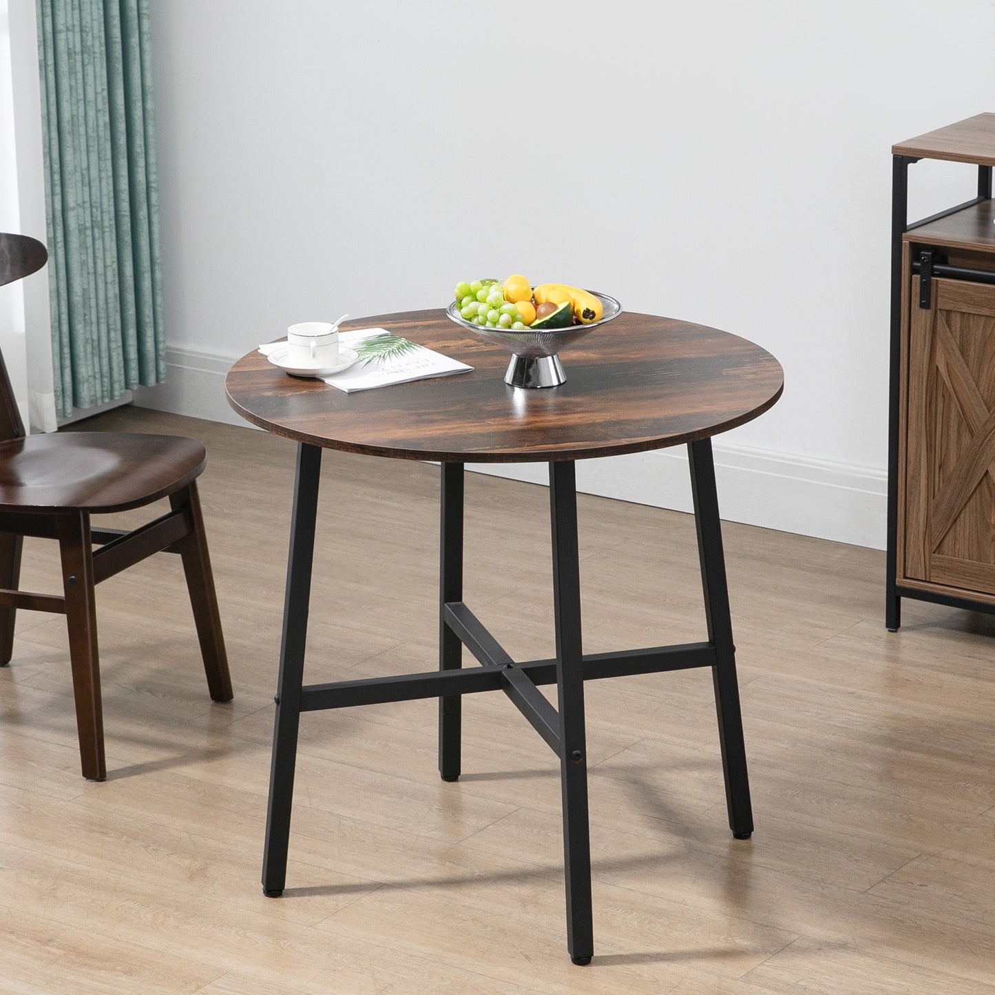 85cm Dining Room Table, Industrial Style Kitchen Table Round with Steel Legs, Rustic Brown-1