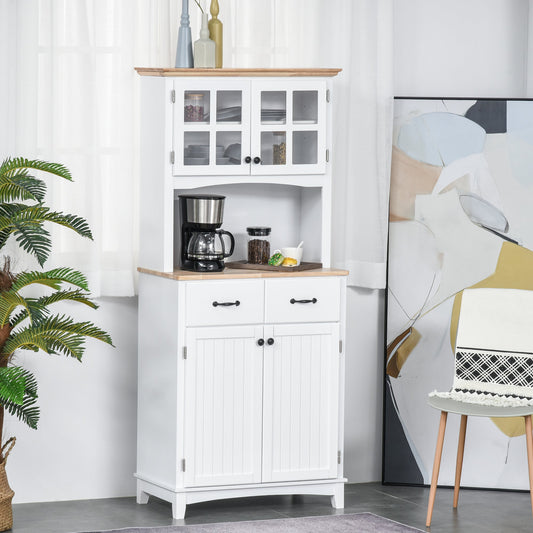 Freestanding Kitchen Cupboard, Kitchen Storage Cabinet with Framed Glass Doors, 2 Drawers, Microwave Counter, White-0