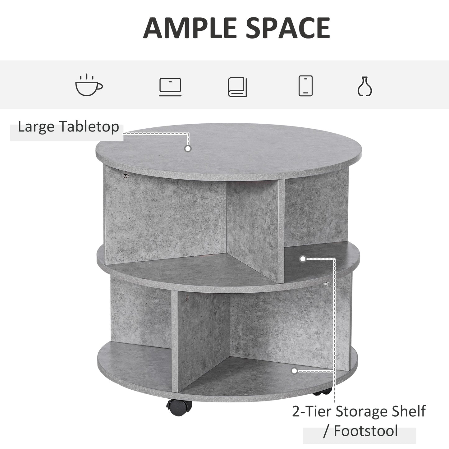 2 Tier Round Side End Table Coffee Desk with Divided Shelves Tea Table Storage Unit Living Room Organiser with Wheels - Cement colour-3