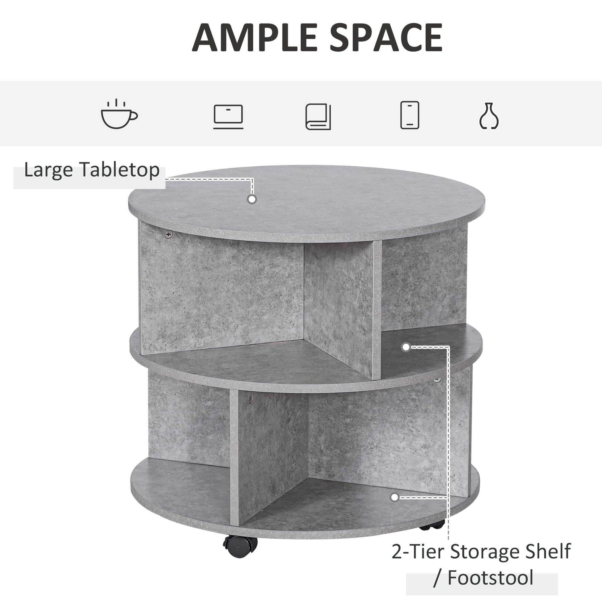 2 Tier Round Side End Table Coffee Desk with Divided Shelves Tea Table Storage Unit Living Room Organiser with Wheels - Cement colour-3