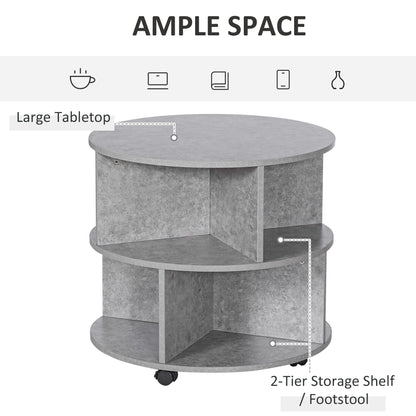 2 Tier Round Side End Table Coffee Desk with Divided Shelves Tea Table Storage Unit Living Room Organiser with Wheels - Cement colour-3