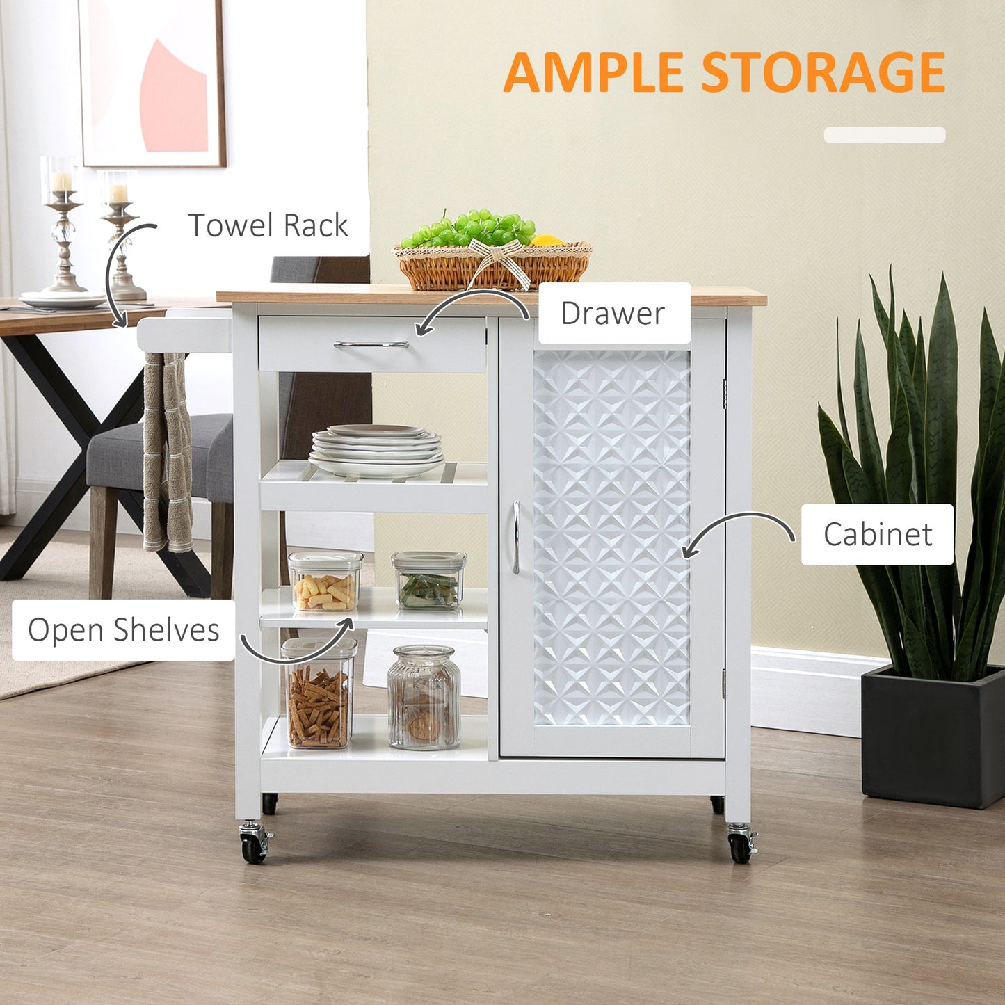 Kitchen Cart on Wheels with Embossed Door Panel, Utility Kitchen Island with Storage Drawer, White-3