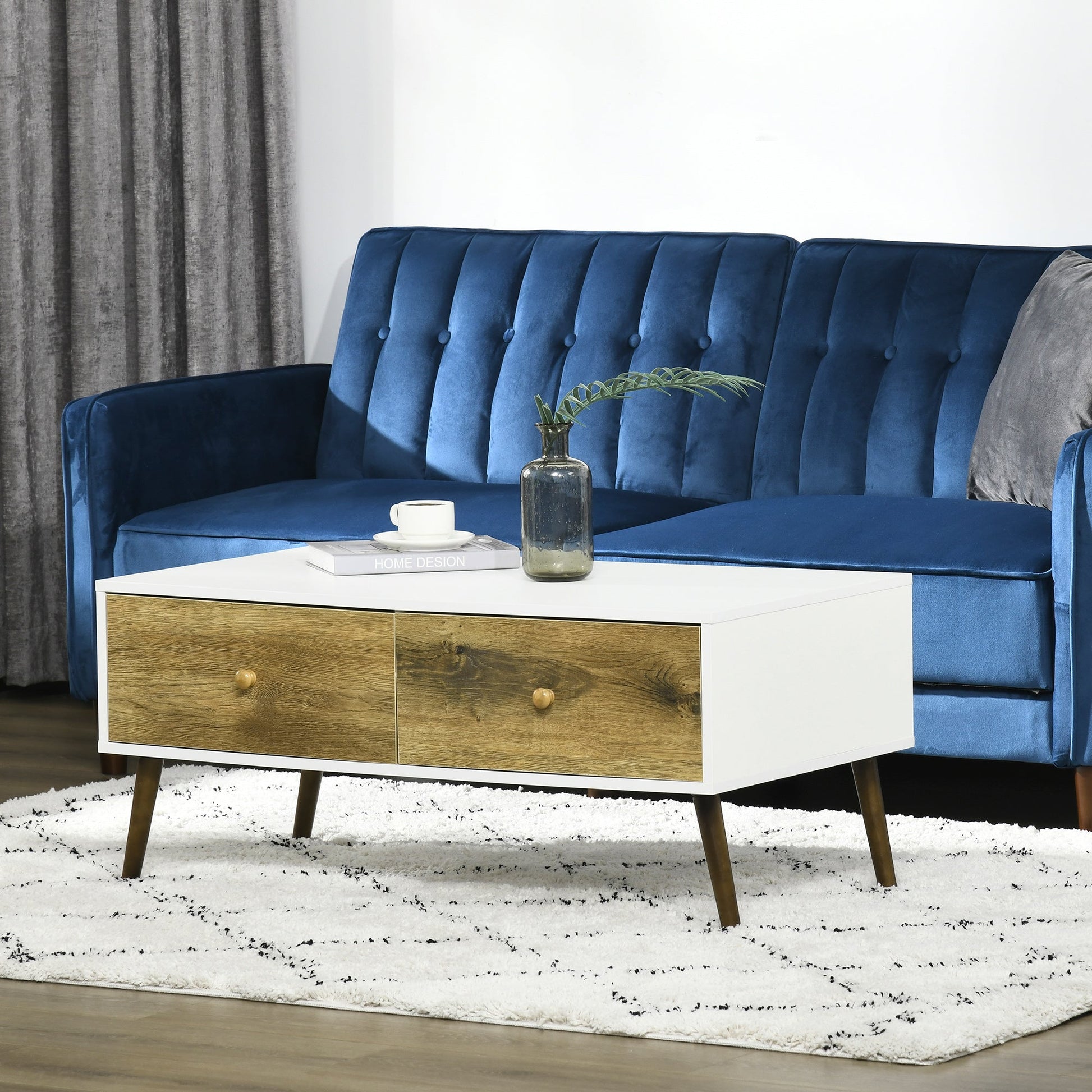 Coffee Table for Living Room, Office, Study Room, Reception Room, w/ 4 Storage Drawers, Sofa Table, Graceful Functional Table, Natural Wood-1
