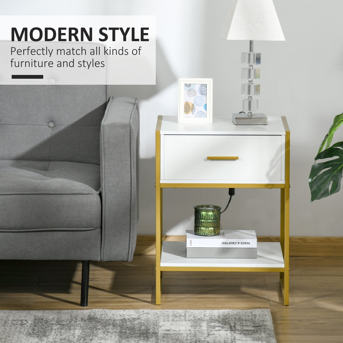 Modern Bedside Table, Bedside Cabinet with Drawer Shelf, Storage Organizer for Bedroom, Living Room, White and Gold-3