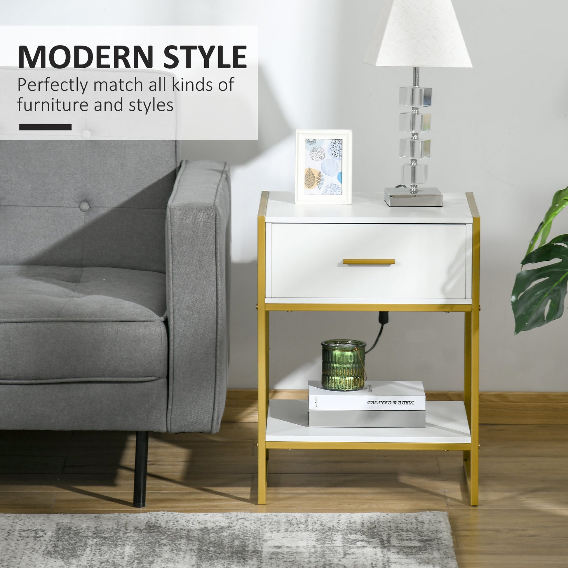 Modern Bedside Table, Bedside Cabinet with Drawer Shelf, Storage Organizer for Bedroom, Living Room, White and Gold-3