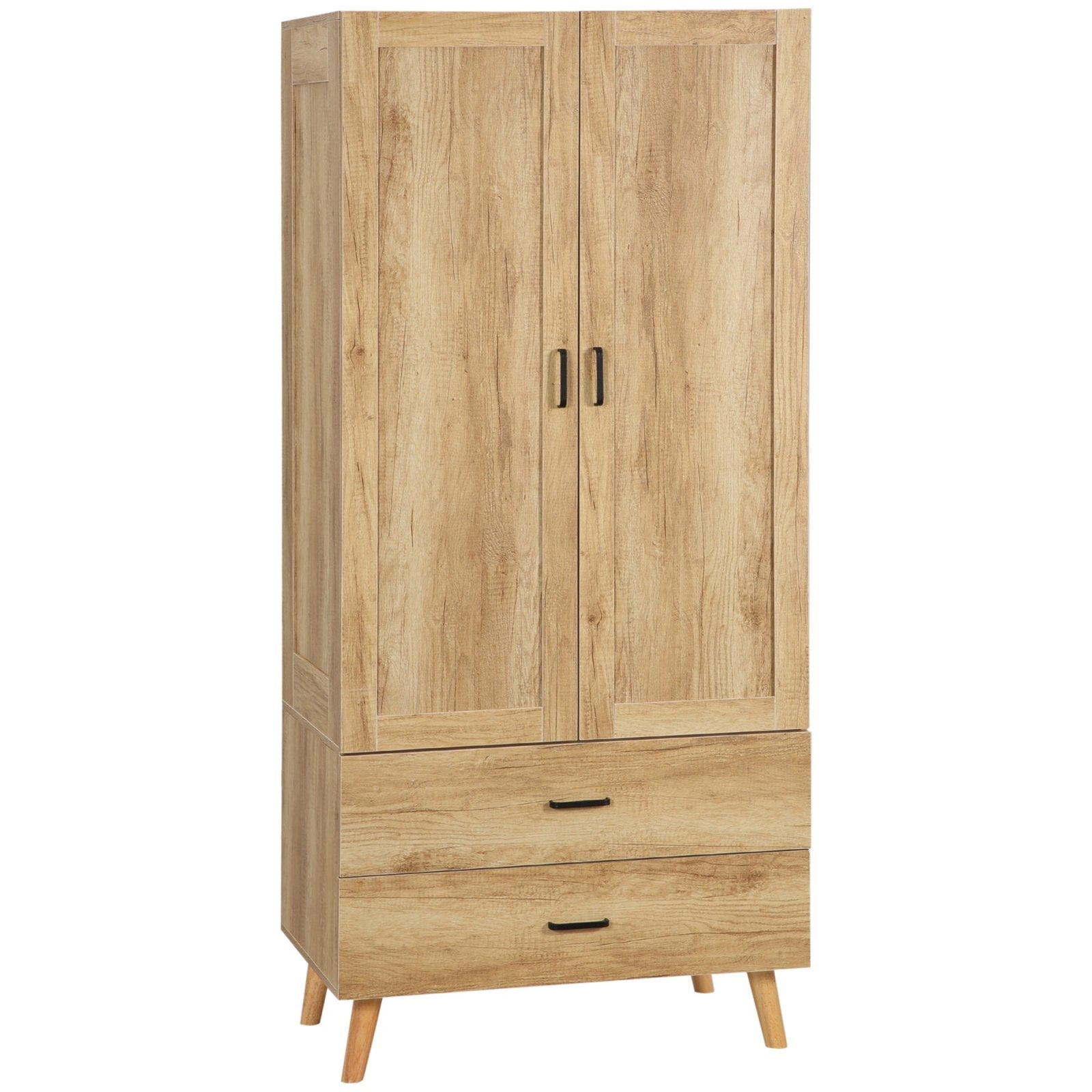 2 Door Wardrobe, Modern Wardrobe with 2 Drawer and Hanging Rail for Bedroom, Natural-0