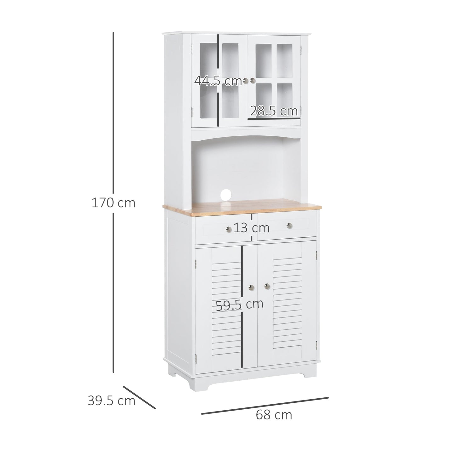 Modern Kitchen Cupboard, Louvered Kitchen Storage Cabinet with Framed Glass Doors and 2 Drawers, White-2