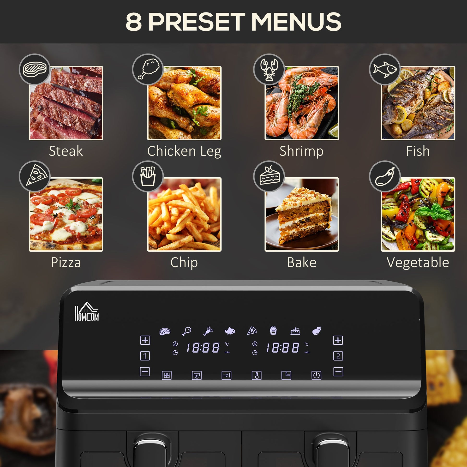 Family Air Fryer , 8L Double Air Fryer Oven w/ 8 Presets, Digital Display, Recipe Cookbook, 60min Timer for Oil Free & Low Fat, 2500W, Black-4