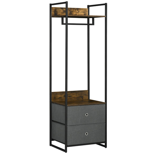 Clothes Rail, Metal Coat Stand, Garment Rack with 2 Fabric Storage Drawers, Single Wardrobe for Bedroom, Hallway, Rustic Brown and Grey-0