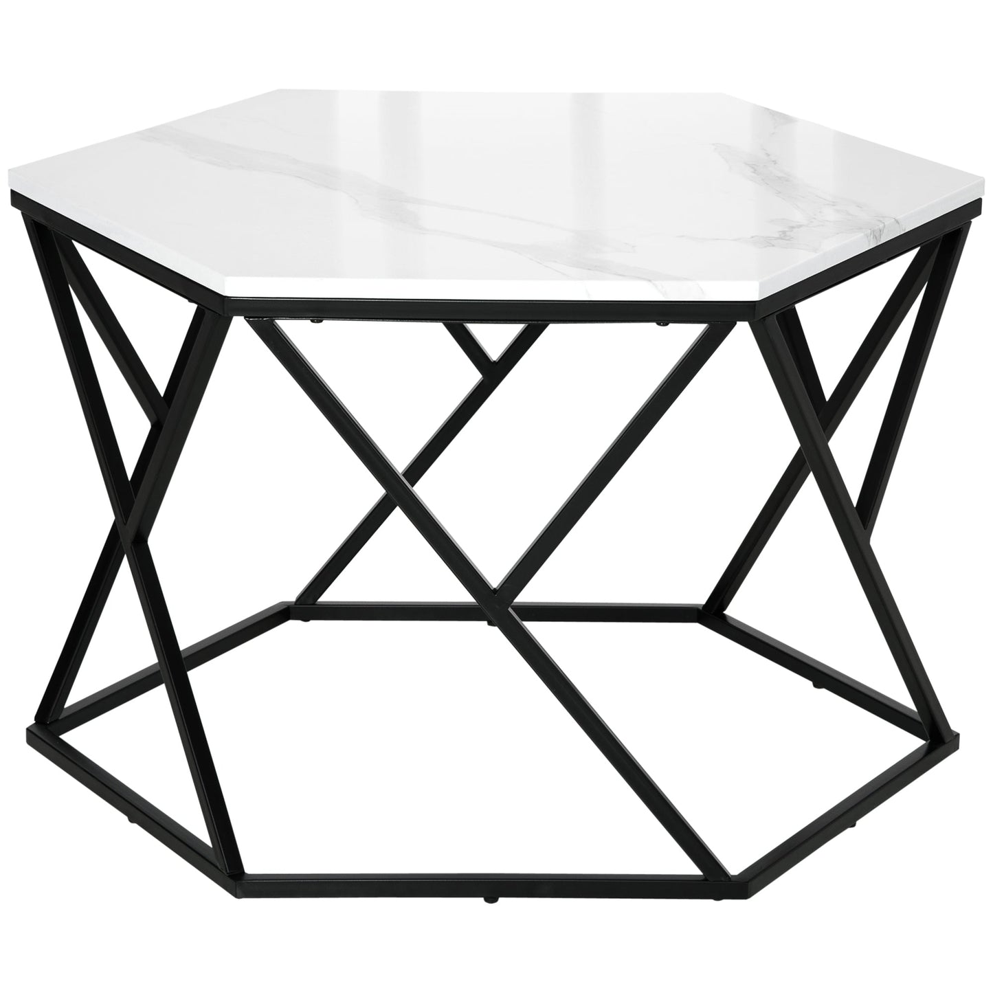 Coffee Table with High Gloss Marble Tabletop, Modern Cocktail Table with Steel Frame for Living Room, White-0