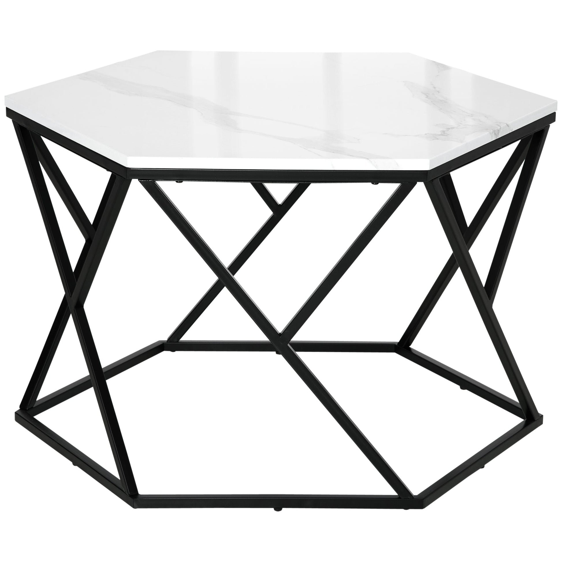 Coffee Table with High Gloss Marble Tabletop, Modern Cocktail Table with Steel Frame for Living Room, White-0