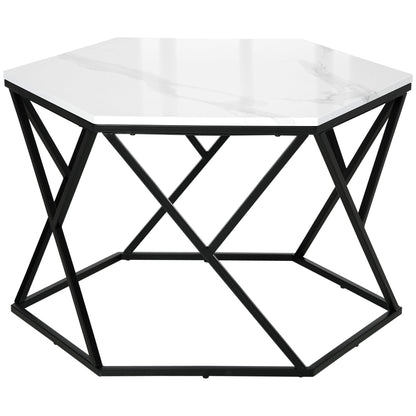 Coffee Table with High Gloss Marble Tabletop, Modern Cocktail Table with Steel Frame for Living Room, White-0
