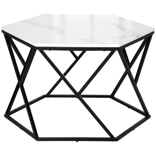 Coffee Table with High Gloss Marble Tabletop, Modern Cocktail Table with Steel Frame for Living Room, White-0