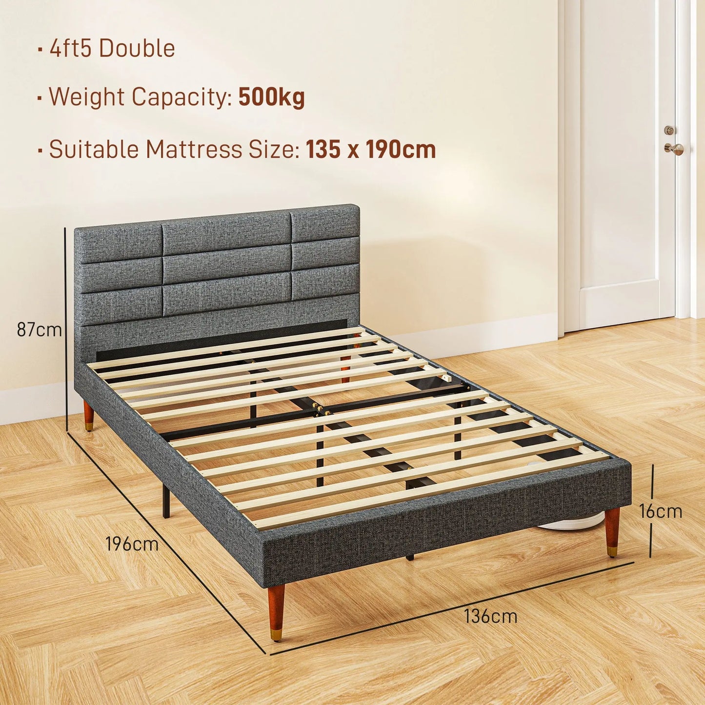 Upholstered Double Bed Frame, with Slats - Grey-2
