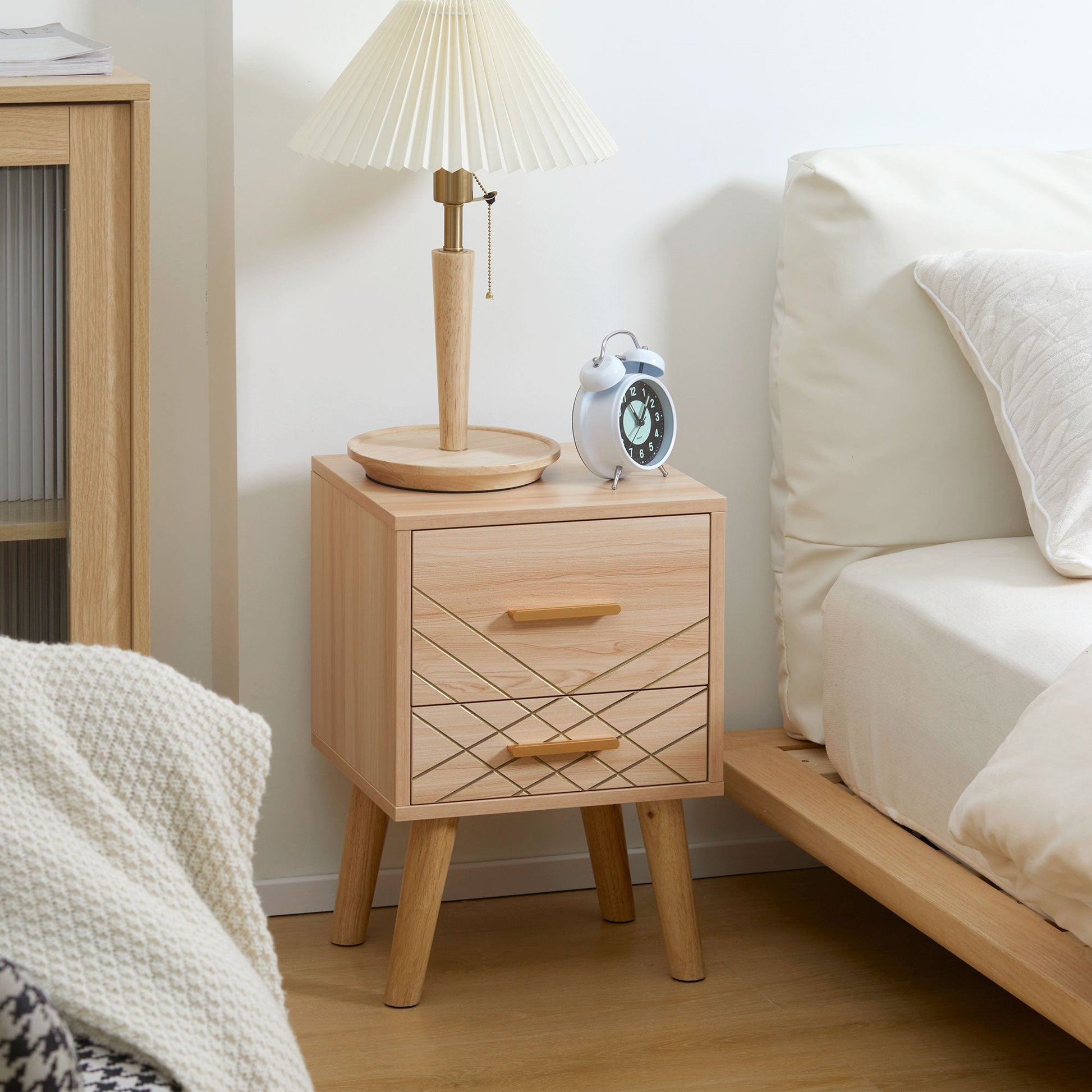 Bedside Cabinet, Scandinavian Bedside Table with Drawers, Bed Side Table with Wood Legs, Natural-1