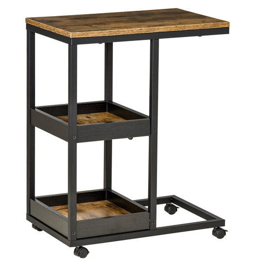 Mobile Sofa Side Table C-Shaped Rolling Couch Table with 3-Tier Storage Shelving Four Lockable Wheels Steel Frame - Brown-0