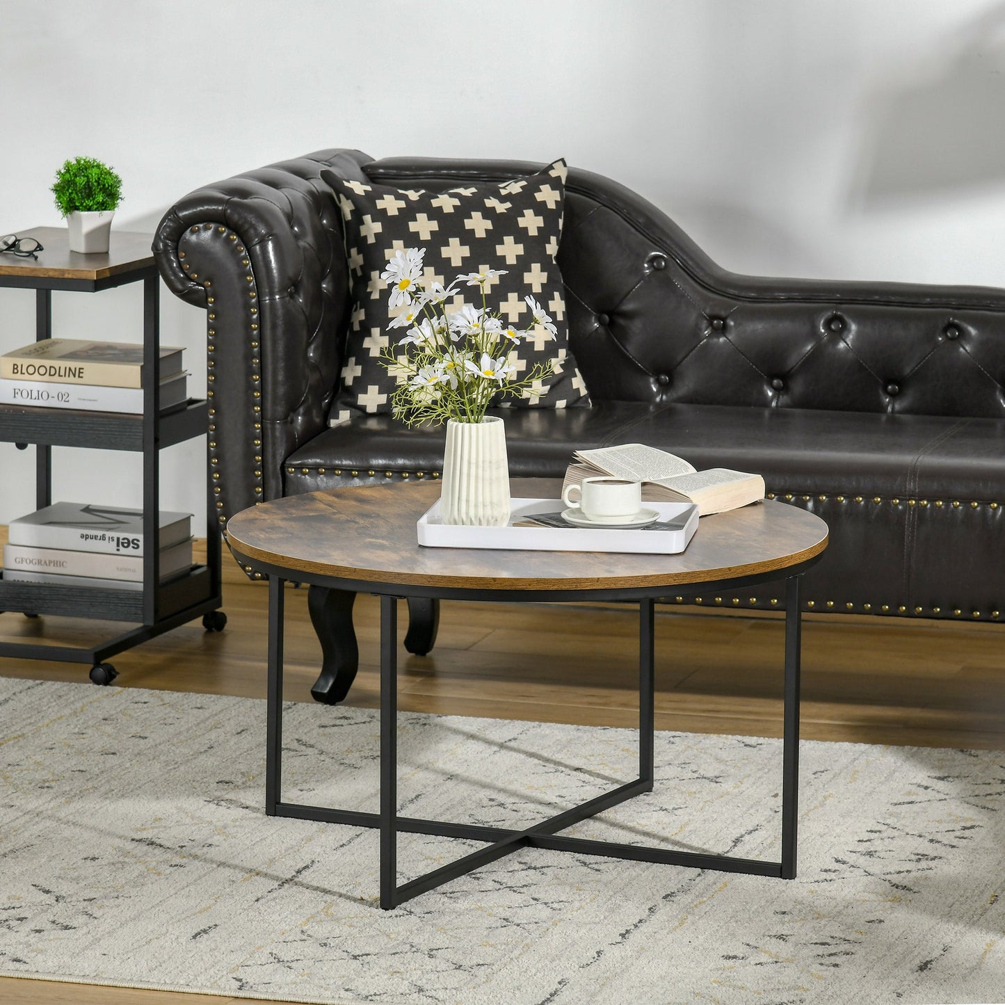 Coffee Table, Industrial Round Side Table with Metal Frame, Large Tabletop for Living Room, Bedroom, Rustic Brown-1