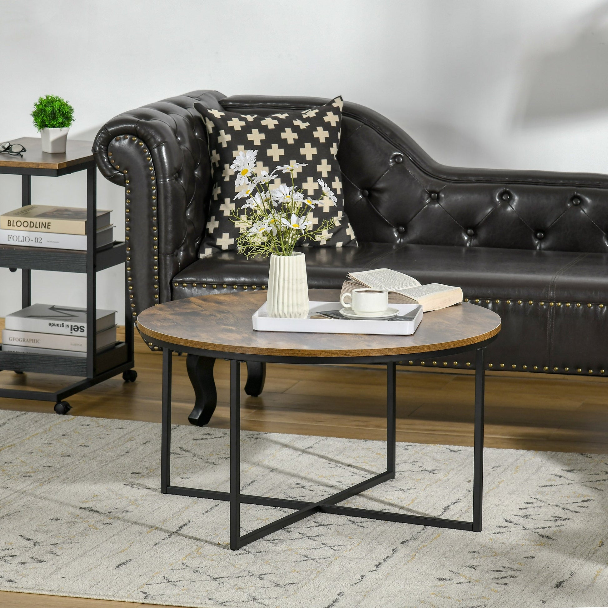 Coffee Table, Industrial Round Side Table with Metal Frame, Large Tabletop for Living Room, Bedroom, Rustic Brown-1