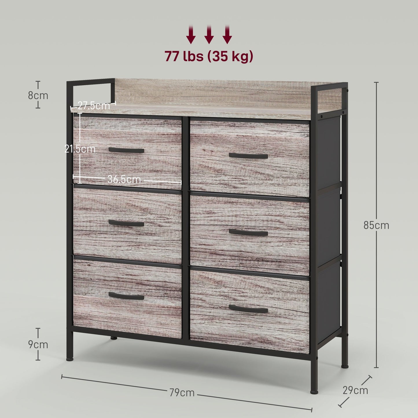 Rustic Chest of Six Fabric Drawers - Grey Wood Effect-2
