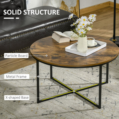 Coffee Table, Industrial Round Side Table with Metal Frame, Large Tabletop for Living Room, Bedroom, Rustic Brown-3