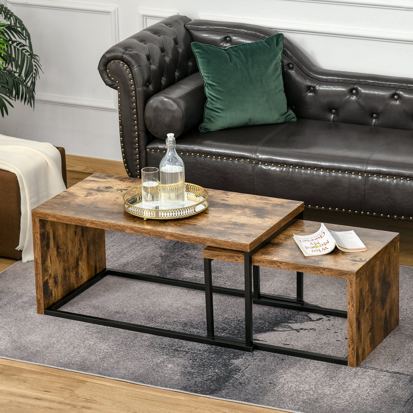 Set of 2 Coffee Tables Industrial Style Tea Table, Side Table w/ Metal Frame for Living Room Bedroom Black & Brown-1