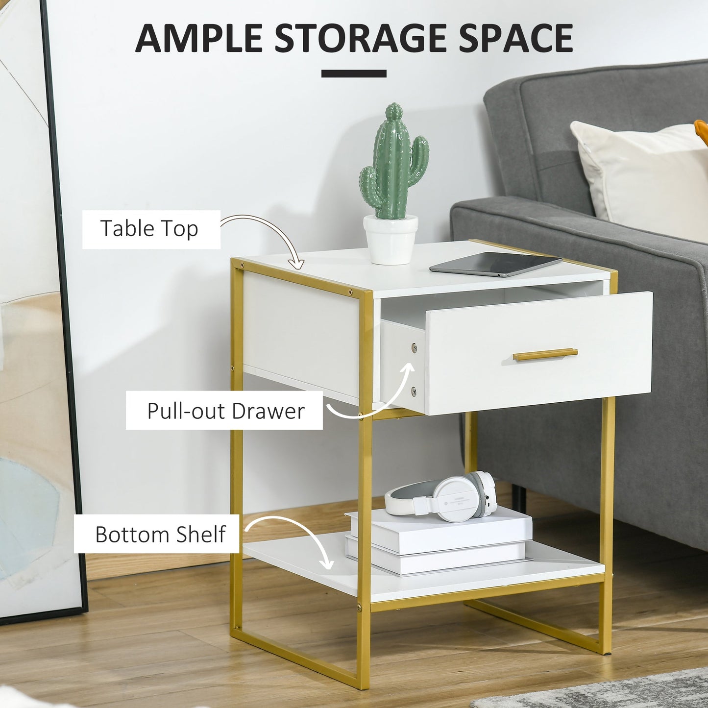 Modern Bedside Table, Bedside Cabinet with Drawer Shelf, Storage Organizer for Bedroom, Living Room, White and Gold-4