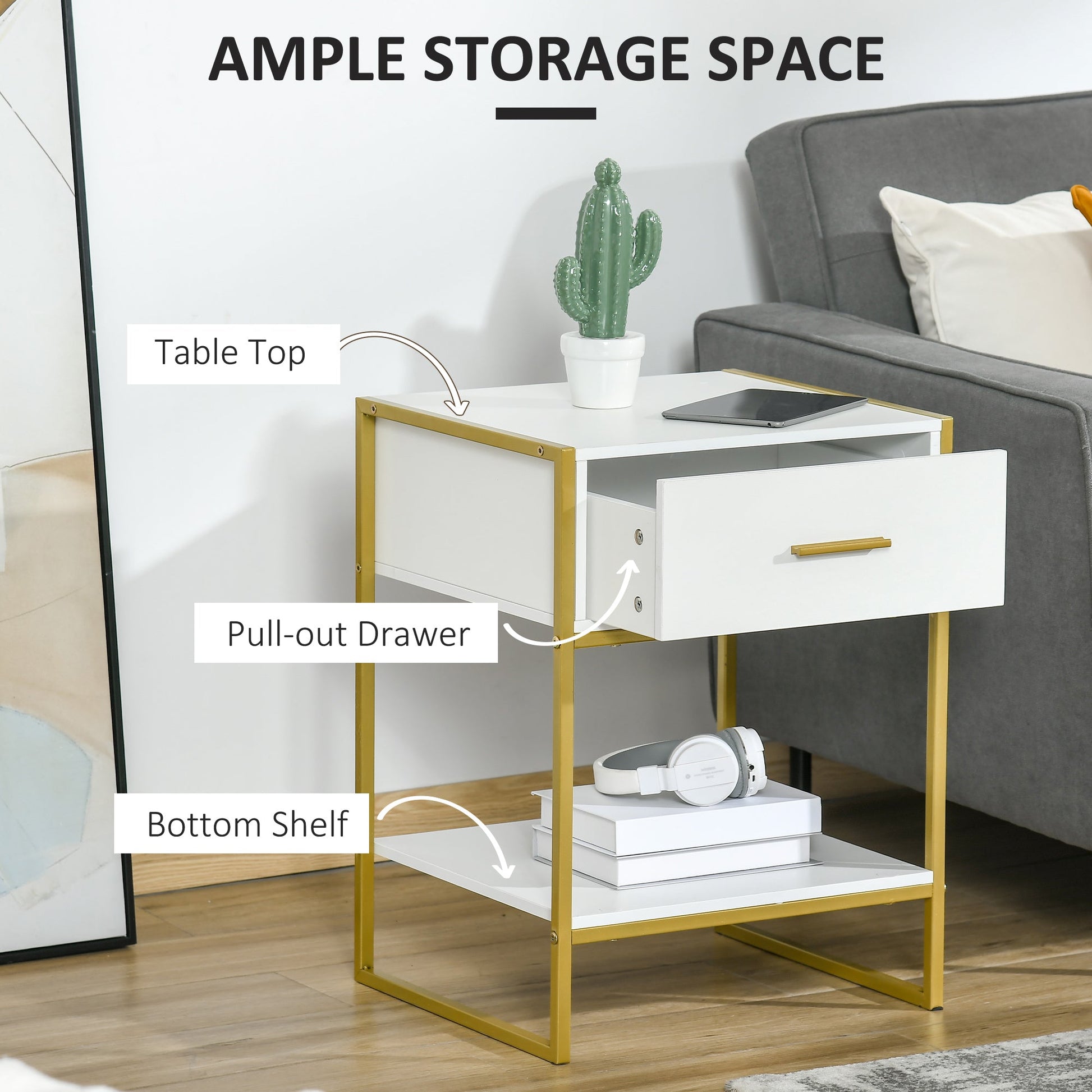 Modern Bedside Table, Bedside Cabinet with Drawer Shelf, Storage Organizer for Bedroom, Living Room, White and Gold-4