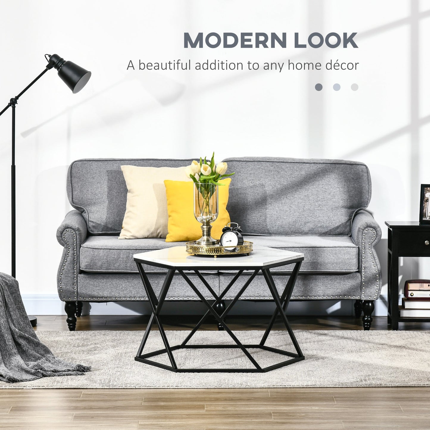 Coffee Table with High Gloss Marble Tabletop, Modern Cocktail Table with Steel Frame for Living Room, White-3
