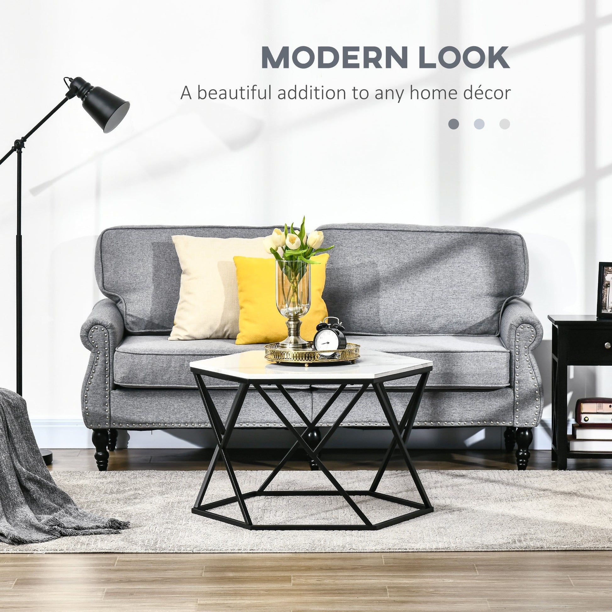 Coffee Table with High Gloss Marble Tabletop, Modern Cocktail Table with Steel Frame for Living Room, White-3