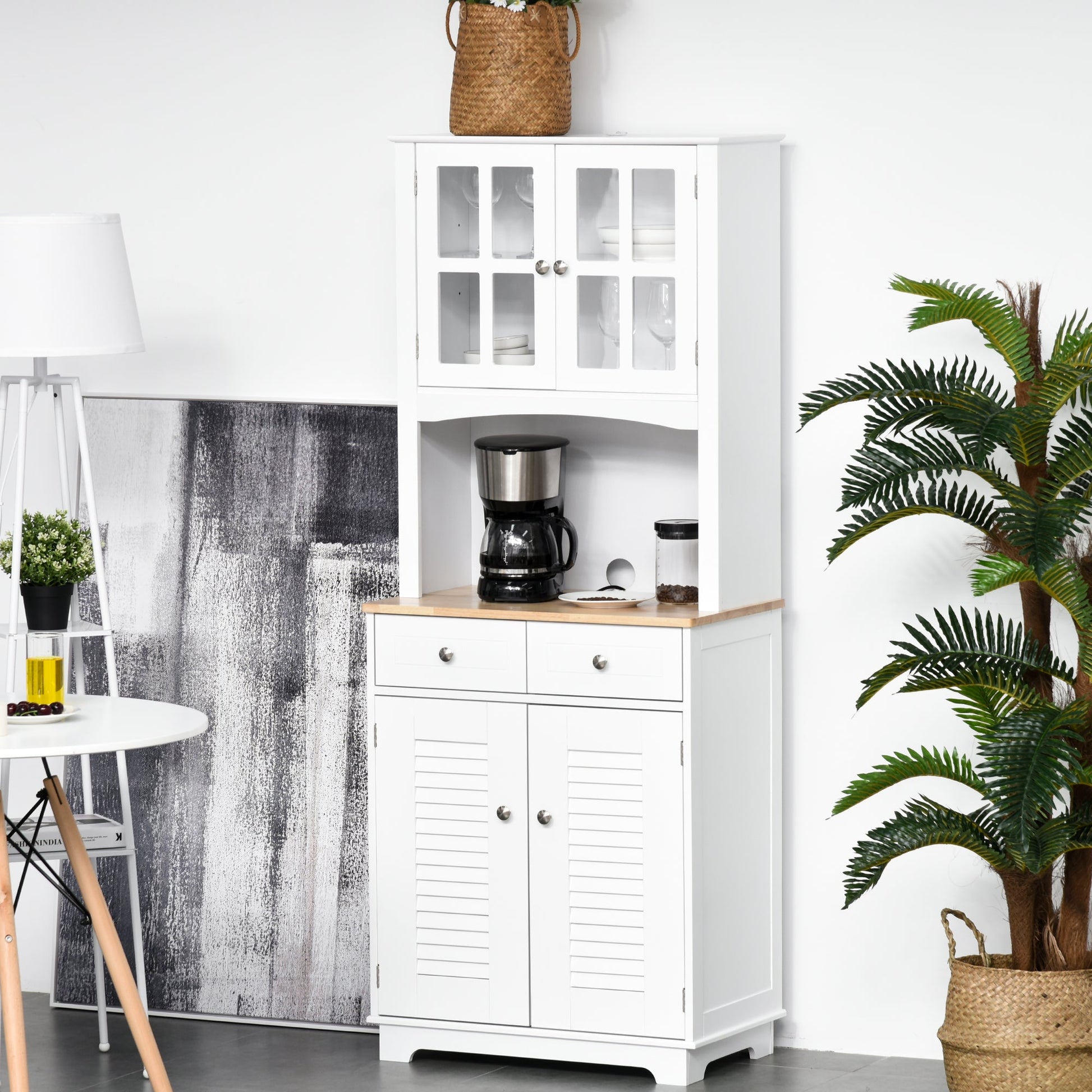 Modern Kitchen Cupboard, Louvered Kitchen Storage Cabinet with Framed Glass Doors and 2 Drawers, White-0