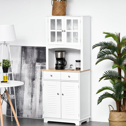 Modern Kitchen Cupboard, Louvered Kitchen Storage Cabinet with Framed Glass Doors and 2 Drawers, White-0