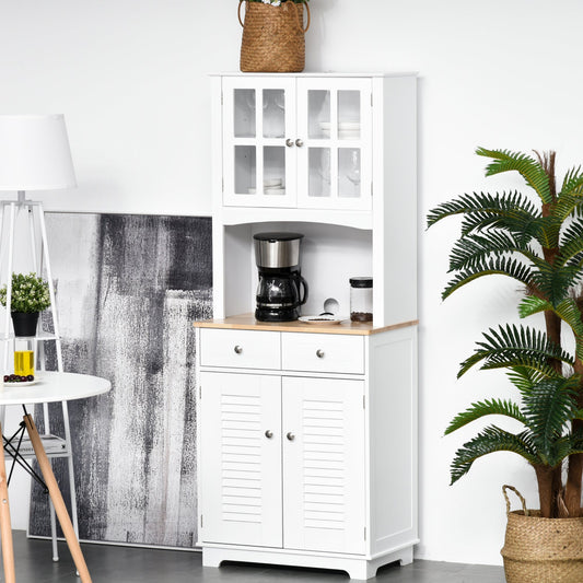Modern Kitchen Cupboard, Louvered Kitchen Storage Cabinet with Framed Glass Doors and 2 Drawers, White-0