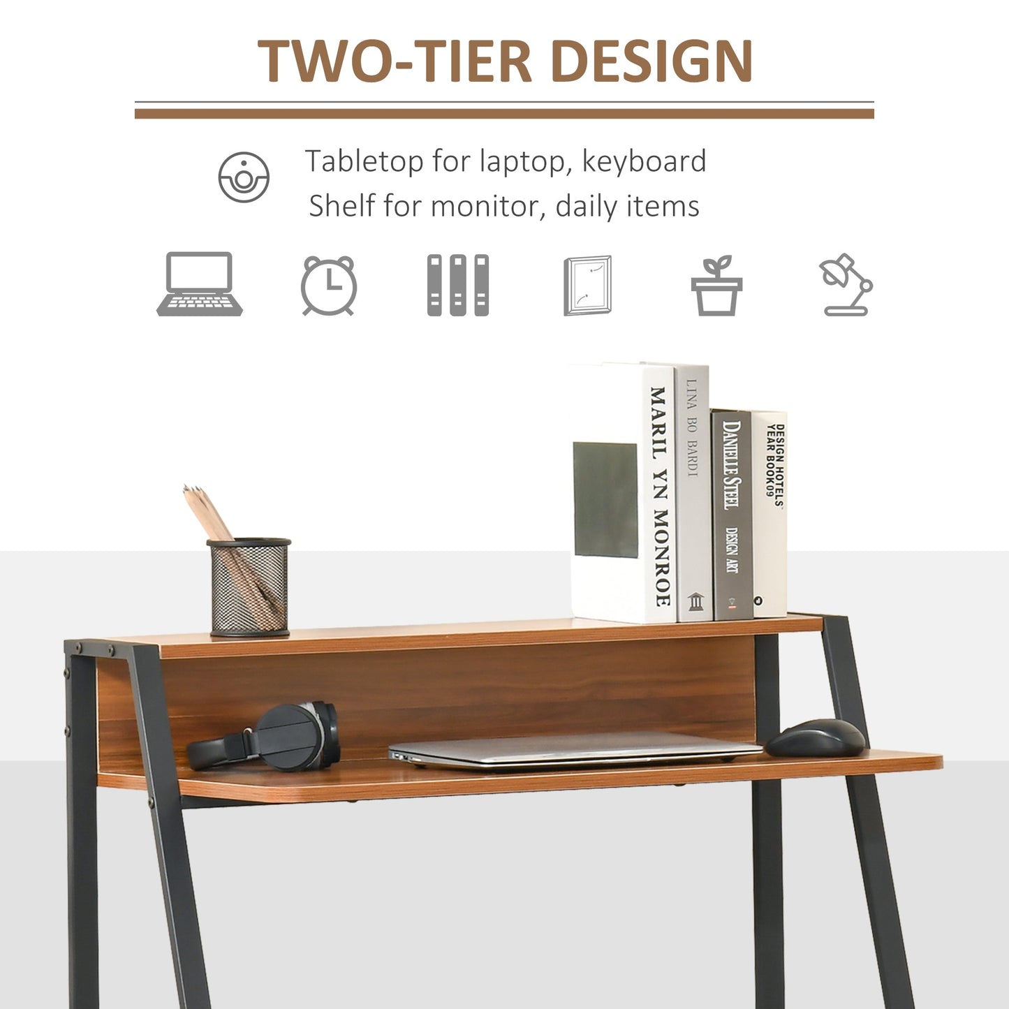 Two-Tier Computer Desk, Home Office Writing Study Table with Storage Shelf, PC Laptop Desk Gaming Workstation, Walnut-3